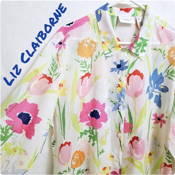 Liz Claiborne, Colorful Floral Print Blouse, Soft 100% Cotton, XL - Picture 2 of 15
